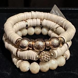 3 Strand Light Cream & Gold Rubber Beaded Bracelet NWT